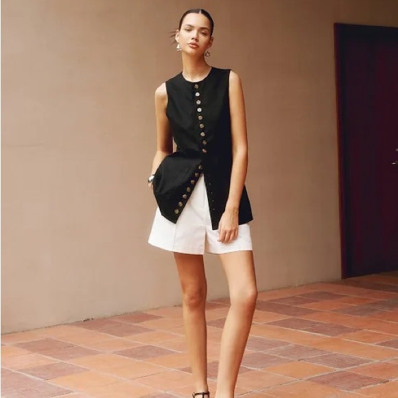 Black Cotton & Linen Crew Neck Sleeveless Button Up Front Longline Vest - Picture 7 of 14